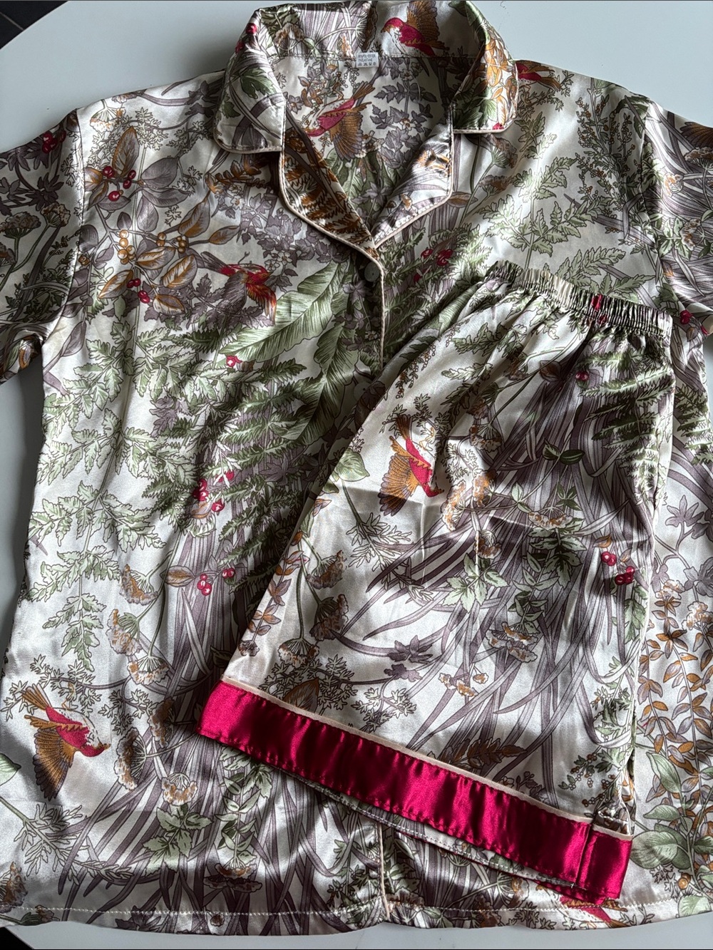 NWOT Floral & Bird Satin Pajama Set with Hot Pink Trim